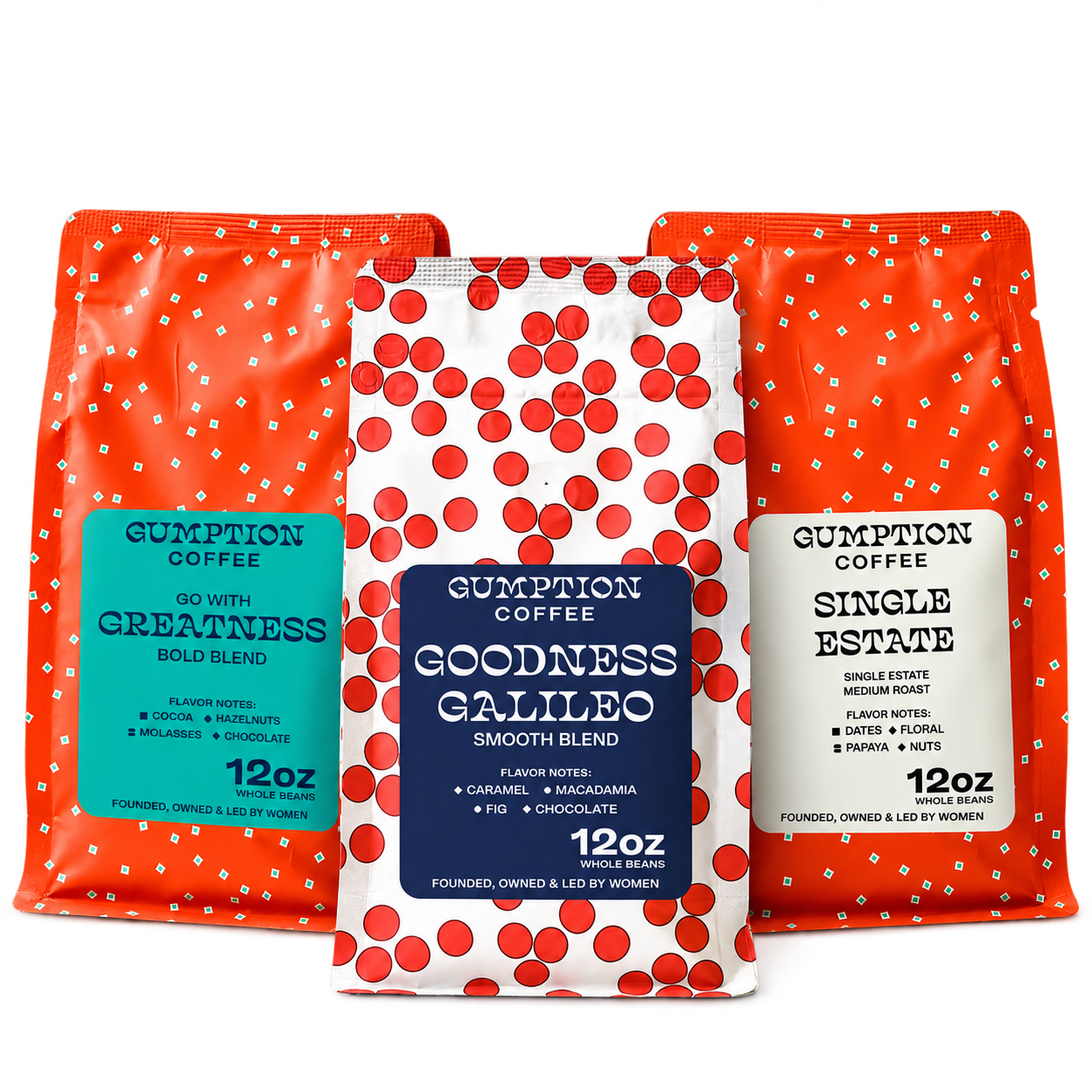 Tasty Trio coffee gift set, three 12oz bags of Gumption Coffee